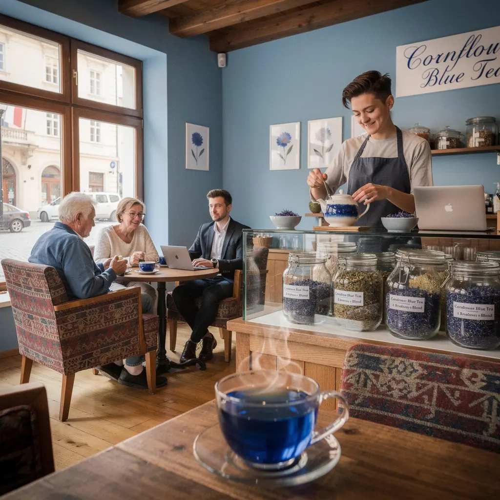 Detailný pohľad na modrý čaj s jemnými kvetinovými akcentmi